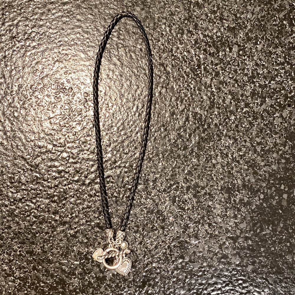 Lia Sophia black beaded leather necklace with bling heart, gem.